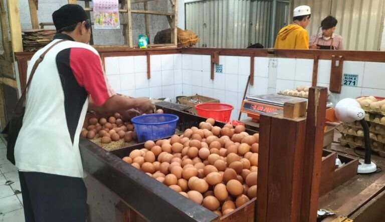 Pedagang telur ayam di Pasar Pelita Kota Sukabumi. Foto: Nuria Ariawan/HALOSMI.